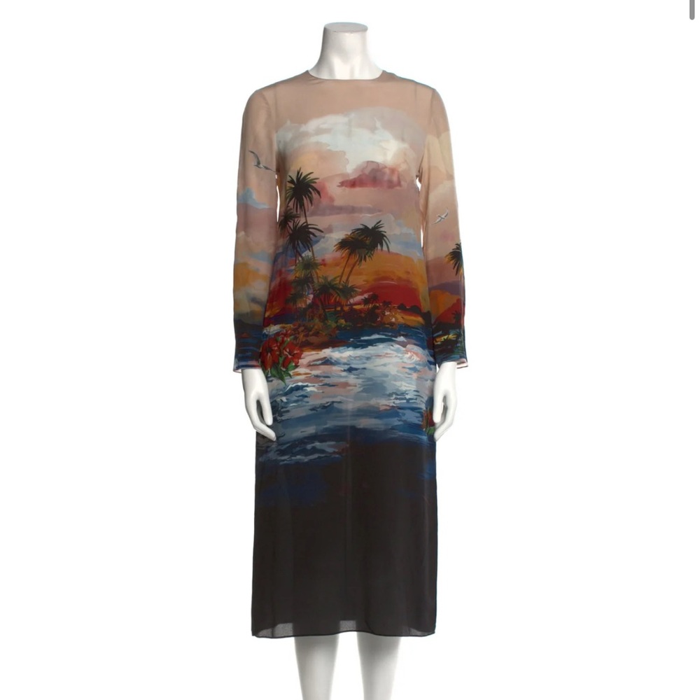 Valentino silk sheath tropical Print Long Sleeve midi Dress